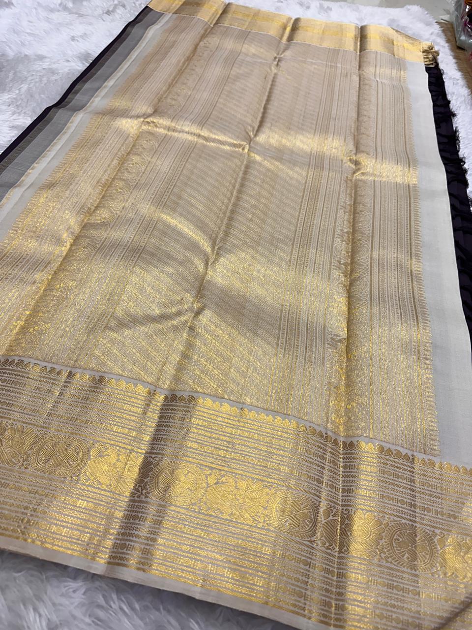 Royal Purple Kanchipuram Silk Saree with Off White Contrast Border